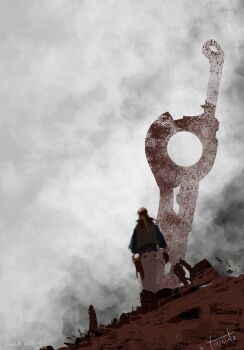 2boys artist_name commentary_request copyright_name dickson_(xenoblade) english_text grey_sky highres monado multiple_boys outdoors planted planted_sword planted_weapon scenery shulk_(xenoblade) signature sky standing sword toosut0 weapon xenoblade_chronicles_(series) xenoblade_chronicles_1