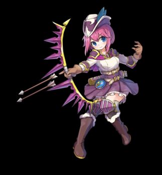 1girl arrow_(projectile) belt black_background black_socks blue_eyes blush boots bow_(weapon) breasts brown_boots brown_gloves closed_mouth dress full_body gloves hair_between_eyes hat highres holding holding_bow_(weapon) holding_weapon knee_guards large_breasts leticia_(merc_storia) looking_at_viewer merc_storia merc_storia_art_team official_art outstretched_arm pink_hair purple_hat quiver short_dress short_hair sidelocks simple_background smile socks solo standing tachi-e thighs weapon white_belt