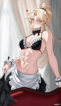 1girl abs anger_vein apron armpit_crease bikini black_bow black_bowtie blonde_hair bow bowtie breasts curtains duster fate/grand_order fate_(series) green_eyes high_ponytail holding holding_duster looking_at_viewer maid maid_apron maid_bikini medium_breasts miniskirt mordred_(fate) mordred_(swimsuit_rider)_(fate) navel parted_lips ponytail short_ponytail skirt solo spoken_anger_vein stomach swimsuit unconventional_maid wrist_cuffs zealyush