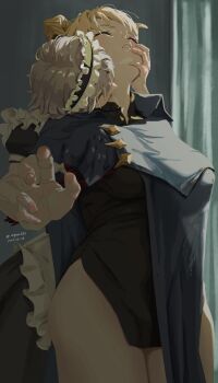 2girls absurdres ai_limit arrisa bite_mark bite_mark_on_neck blonde_hair breasts curvy femdom from_behind highres large_breasts maid millaire multiple_girls restrained thick_thighs thighs white_hair yuri