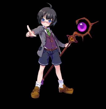 1boy :< ahoge black_background black_hair blue_eyes blue_shorts bob_cut brown_shoes closed_mouth collared_shirt elliott_(merc_storia) full_body glasses green_necktie grey_jacket holding holding_staff jacket long_sleeves merc_storia merc_storia_art_team necktie official_art open_clothes open_jacket outstretched_arm pointing purple_vest red-framed_eyewear shirt shoes short_hair shorts simple_background socks solo staff standing tachi-e vest white_shirt white_socks