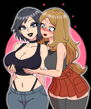 2girls arms_behind_back artist_name black_hair black_lips blue_eyes blush breasts brown_hair cleavage curvy denim eyelashes grabbing_another&#039;s_breast groping heart highres jeans large_breasts legs long_hair looking_at_viewer makeup midriff multiple_girls navel nintendo pants parted_lips pokemon pokemon_xy red_lips serena_(pokemon) short_hair skirt smile tank_top teeth thick_thighs thighs thong whale_tail_(clothing) wide_hips yuri
