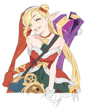 Rule 34 | 1girl, absurdres, ambitious elf jinx, bare shoulders, blonde hair, blush, choker, closed eyes, collarbone, dress, grin, hashtag-only commentary, hat, highres, jinx (league of legends), league of legends, long hair, official alternate costume, pointy ears, red choker, santa costume, santa dress, santa hat, smile, solo, sueyoxi, teeth