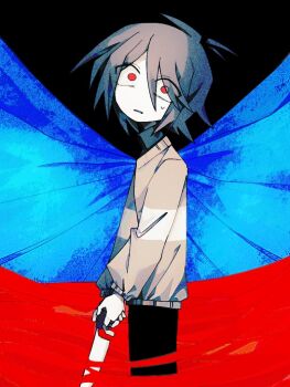 Rule 34 | 1other, black pants, brown hair, chara (undertale), cowboy shot, hair between eyes, icee0day, long hair, long sleeves, looking at viewer, other focus, pants, puffy long sleeves, puffy sleeves, red eyes, short hair, solo, spiked hair, standing, sweatdrop, sweater, teeth, undertale, utdr (toby fox)