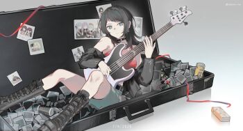 1girl 5-string_bass_guitar absurdres amoris_(bang_dream!) ave_mujica_(bang_dream!) bang_dream! bang_dream!_it's_mygo!!!!! bass_guitar black_boots black_choker black_hair black_jacket blue_eyes boots breasts camisole can canned_coffee choker cleavage commentary doloris_(bang_dream!) drink_can drink_carton extended_range_bass_guitar grey_background grey_skirt hanasakigawa_school_uniform highres holding holding_bass_guitar holding_instrument instrument jacket lehcar medium_breasts medium_hair misumi_uika mortis_(bang_dream!) mortis_(costume)_(bang_dream!) oblivionis_(bang_dream!) off_shoulder photo_(object) plectrum red_camisole school_uniform shiina_taki skirt string string_of_fate timoris_(bang_dream!) togawa_sakiko tsukinomori_school_uniform wakaba_mutsumi yahata_umiri yuutenji_nyamu
