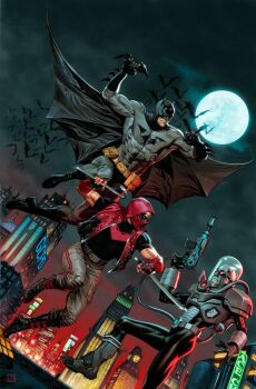 3boys bat_(animal) batarang batman batman_(series) black_boots black_cape black_gloves bodysuit boots brown_pants cape city crowbar dc_comics fighting fingerless_gloves full_moon gloves grey_bodysuit gun highres holding holding_crowbar holding_gun holding_sword holding_weapon jacket jason_todd jorge_molina marker_(medium) moon mr._freeze multiple_boys night open_clothes open_jacket outdoors pants photoshop_(medium) red_hood red_hood_(dc) red_jacket sleeveless sleeveless_jacket sword traditional_media weapon