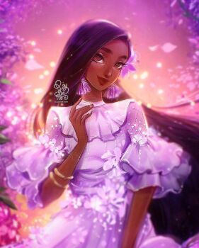 1girl black_hair brown_eyes brown_hair dark-skinned_female dark_skin dress earrings encanto flower hair_flower hair_ornament hashtag-only_commentary highres isabela_madrigal jewelry long_hair mole mole_under_eye purple_dress roytheart smile solo