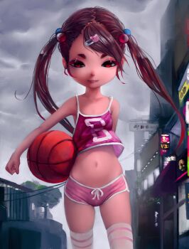 1girl ball basketball basketball_(object) belly building closed_mouth collarbone crop_top fiz-rot flat_chest gym_uniform hair_bobbles hair_ornament hairclip highres loli long_hair micro_shorts midriff navel no_bra non-web_source pink_shirt pink_shorts pink_thighhighs red_eyes red_hair scenery shirt short_shorts shorts skindentation sleeveless source_request sportswear striped_clothes striped_thighhighs tagme thighhighs thighs twintails two-tone_thighhighs weapon white_thighhighs