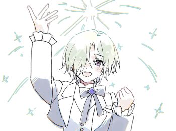 1girl :d arm_up black_bow black_bowtie black_jacket bow bowtie frilled_sleeves frills grey_eyes grey_hair hair_over_one_eye highres jacket like_a_treasure_(love_live!) long_sleeves looking_at_viewer love_live! love_live!_nijigasaki_high_school_idol_club love_live!_nijigasaki_high_school_idol_club_the_movie_-_finale mia_taylor one_eye_covered open_clothes open_jacket open_mouth posushi shirt short_hair smile solo sparkle white_shirt