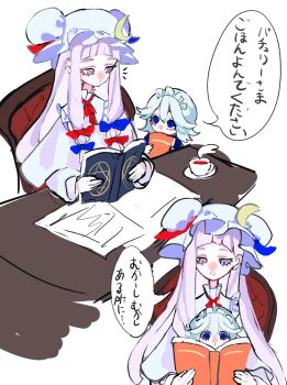 2girls ;o aged_down blue_eyes blunt_bangs book commentary_request crescent crescent_hat_ornament expressionless hat hat_ornament highres holding holding_book izayoi_sakuya long_hair long_sleeves maid maid_headdress mashi_(pixiv_zcjd2538) medium_hair mob_cap multiple_girls one_eye_closed open_book parted_lips patchouli_knowledge purple_eyes purple_hair reading robe sitting sitting_on_lap sitting_on_person speech_bubble table touhou translation_request white_hair white_robe
