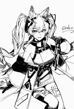 1girl :d absurdres angelina_(arknights) animal_ear_fluff animal_ears arknights arknights:_endfield artist_name bare_shoulders chinese_commentary commentary dress gilberta_(arknights) greyscale hair_between_eyes hatching_(texture) highres jacket linear_hatching long_hair looking_at_viewer material_growth monochrome off_shoulder open_mouth oripathy_lesion_(arknights) shako_xc short_dress signature smile solo thighhighs twintails