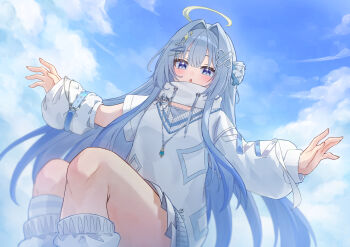 1girl asymmetrical_sleeves blue_eyes blue_hair blue_sky cloud detached_sleeves drawstring eris_suzukami hair_between_eyes hair_intakes hair_ornament hairpin halo highres jewelry leg_warmers long_hair multiple_hairpins necklace parted_lips pleated_skirt puffy_sleeves skirt sky solo uneven_sleeves virtual_youtuber vspo! vspo!_en yoto_4102