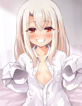 1girl blonde_hair blush breasts collared_shirt commentary_request dress_shirt fate/kaleid_liner_prisma_illya fate_(series) grin hands_up highres illyasviel_von_einzbern long_hair long_sleeves looking_at_viewer mochi_(k620803n) open_clothes open_shirt oversized_clothes paid_reward_available parted_lips partially_unbuttoned red_eyes shirt sleeves_past_fingers sleeves_past_wrists small_breasts smile solo straight-on teeth white_shirt