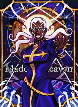Rule 34 | 1boy, arizuume, belt, blue robe, bracelet, buzz cut, cassock, commentary, cross, cross-shaped pupils, cross print, dark-skinned male, dark skin, english commentary, enrico pucci, gold belt, gold bracelet, highres, jewelry, jojo no kimyou na bouken, long hair, looking at viewer, male focus, priest, robe, short hair, smile, solo, stole, stone ocean, symbol-shaped pupils, very short hair, white hair, white lips, white nails
