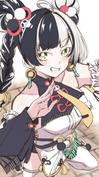 1girl absurdres ahoge alternate_eye_color bare_shoulders black_hair blurry blurry_background blush braid braided_twintails china_dress chinese_clothes collarbone cowboy_shot detached_sleeves dialyn_(zenless_zone_zero) double_bun dress earrings green_eyes grin hair_bun hair_extensions hair_ornament hairclip highres id_card jewelry long_hair looking_at_viewer multicolored_hair necktie outdoors panda_hair_ornament pelvic_curtain ring_hair_extensions sakura_kanawo simple_background smile solo split-color_hair standing standing_on_one_leg thighhighs white_background white_dress white_hair white_thighhighs wire yellow_necktie zenless_zone_zero