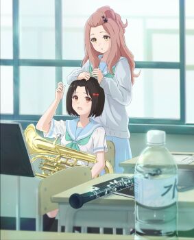 Rule 34 | 2girls, arm up, bangs pinned back, black hair, blue sailor collar, blurry, blurry foreground, bob cut, bottle, brown hair, casyu nut, chair, embarrassed, euphonium, green neckerchief, hair ornament, hair up, hands on another's head, hibike! euphonium, highres, hisaishi kanade, holding, holding instrument, instrument, kenzaki ririka, kitauji high school uniform, light blush, long hair, medium hair, multiple girls, music stand, neckerchief, oboe, open mouth, parted lips, red eyes, sailor collar, school, school uniform, sitting, star (symbol), star hair ornament, sweater, table, water bottle, window, yellow eyes, yuri