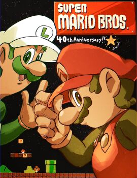 Rule 34 | 2boys, ? block, anniversary, brick block, brothers, bushes, facial hair, goomba, grin, hat, highres, industrial pipe, looking at viewer, luigi, mario, mario (series), mountain, multiple boys, mushroom, mustache, nintendo, overalls, retro artstyle, shirt, siblings, smile, star (symbol), stmt tmtk, super mario bros. 1, super mushroom, super star