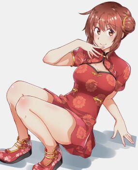 Rule 34 | 1girl, alternate costume, alternate hairstyle, blue background, blush, breasts, brown eyes, brown hair, china dress, chinese clothes, cleavage, cleavage cutout, closed mouth, clothing cutout, dress, full body, gradient background, hair bun, hand to own mouth, hibike! euphonium, highres, medium breasts, medium hair, oumae kumiko, red dress, red shoes, shoes, short sleeves, sitting, solo, thighs, ukkii