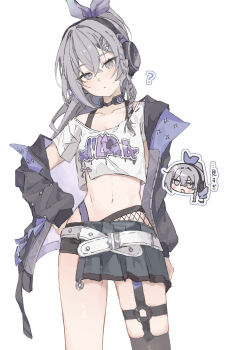 Rule 34 | 1girl, ?, absurdres, belt, black choker, black jacket, black shorts, bow, bra strap, braid, chibi, chibi inset, choker, coa (35 seno), collarbone, commentary request, crop top, cropped shirt, fishnets, grey eyes, grey hair, hair bow, hair ornament, hair ribbon, hairclip, hand on own hip, head tilt, headphones, highres, honkai: star rail, honkai (series), jacket, long hair, looking at viewer, midriff, navel, o-ring, o-ring thigh strap, off shoulder, open clothes, open jacket, pleated skirt, ponytail, purple ribbon, ribbon, shirt, short shorts, shorts, silver wolf (honkai: star rail), silver wolf (samsung) (honkai: star rail), simple background, single thighhigh, skirt, solo, stomach, thigh strap, thighhighs, two-sided fabric, two-sided jacket, white background, white belt, white shirt