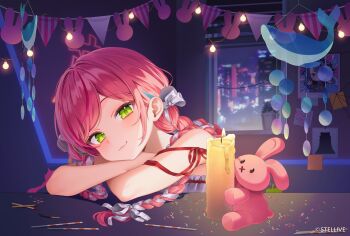 1girl arm_pillow arm_ribbon bow braid candle closed_mouth commentary_request copyright_notice cropped_shoulders green_eyes hair_bow hair_ribbon highres indoors korean_commentary light_bulb long_hair looking_at_viewer matches multicolored_hair night official_art parted_bangs peto_(hanako_nana) pink_hair reel_(riru) ribbon ribbon_braid smile solo stellive streaked_hair stuffed_animal stuffed_rabbit stuffed_toy variant_set virtual_youtuber white_bow white_ribbon window