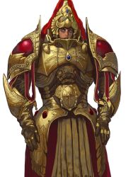 Rule 34 | 1girl, absurdres, adeptus custodes, armor, breastplate, gauntlets, gold armor, helmet, highres, imperium of man, looking at viewer, mossacannibalis, pauldrons, power armor, scar, scar on face, shoulder armor, solo, tagme, warhammer 40k, white background