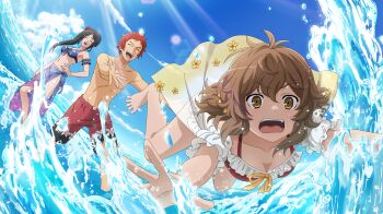 1boy 2girls :d anime_coloring antenna_hair bikini black_hair blue_sky breasts brown_eyes brown_hair cleavage closed_eyes danmachi_battle_chronicle day detached_sleeves dungeon_ni_deai_wo_motomeru_no_wa_machigatteiru_darou_ka falling floral_print floral_print_bikini flower frilled_bikini frills game_cg hand_on_own_hip highres laughing liliruca_arde long_hair low_twintails male_swimwear medium_breasts multiple_girls navel non-web_source ocean official_alternate_costume official_art open_mouth outdoors print_bikini puffy_detached_sleeves puffy_sleeves purple_bikini purple_sarong reaching red_bikini red_hair red_male_swimwear sarong see-through_clothes see-through_sarong short_hair short_twintails side_ponytail sky small_breasts smile splashing stomach surprised swim_trunks swimsuit topless_male twintails wading water water_drop welf_crozzo yamato_mikoto yellow_flower