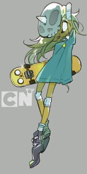adventure_time amiami blonde_hair bronwyn cartoon_network colored_skin helmet knee_pads personification skateboard skirt skull solo yellow_skin