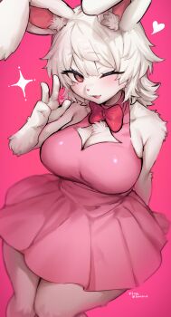 1girl :d absurdres animal_ear_fluff animal_ears animal_hands animal_nose arm_behind_back artist_name bare_shoulders blush bow bowtie breasts brown_eyes cleavage cleavage_cutout clothing_cutout commentary_request commission curvy dress from_above furry furry_female hand_up heart heart_in_eye highres large_breasts legs_together looking_at_viewer medium_hair open_mouth original pink_background pink_dress rabbit_ears rabbit_girl red_bow red_bowtie short_dress simple_background skeb_commission sleeveless sleeveless_dress smile solo sparkle standing suurin_(ksyaro) symbol_in_eye twitter_username v white_fur white_hair wide_hips