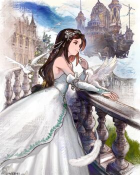 1girl bare_shoulders bird breasts bridal_gauntlets brown_eyes brown_hair castle closed_mouth dress elbow_gloves falling_feathers feathers final_fantasy final_fantasy_ix garnet_til_alexandros_xvii gloves hair_ornament hairclip headdress highres light_smile long_dress long_hair low-tied_long_hair medium_breasts official_alternate_costume official_art parted_bangs solo square_enix strapless strapless_dress white_bird white_dress