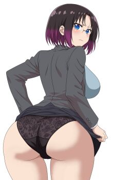 1girl angry ass black_suit blue_cardigan blue_eyes blush breasts brown_hair cameltoe cardigan closed_mouth clothes_lift colored_tips elma_(maidragon) floral_print floral_print_panties formal_clothes from_behind highres kobayashi-san_chi_no_maidragon large_breasts looking_at_viewer looking_back multicolored_hair office_lady print_panties rimless_eyewear senor_h short_hair simple_background skirt skirt_lift slit_pupils solo suit variant_set white_background