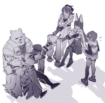 1boy 6+girls animal_ear_fluff animal_ears bare_shoulders bear_ears belle_(zenless_zone_zero) ben_bigger blunt_bangs breasts chain-link_fence crop_top fake_animal_ears fence fox_ears fox_girl from_behind gloves goggles goggles_on_head grabbing_from_behind grace_howard greyscale hair_ornament highres hoshimi_miyabi jacket koleda_belobog long_hair looking_at_another midriff monochrome multiple_girls pants pulling qingyi_(zenless_zone_zero) shadow sidelocks skirt sphere_hair_ornament tudouwei_de_guodong twintails twitter_username zenless_zone_zero zhu_yuan