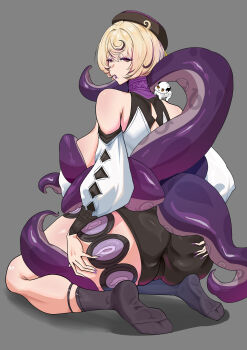 1girl absurdres ass ass_grab bare_shoulders beret black_headwear black_socks blonde_hair breasts cameltoe detached_sleeves feet ferret from_behind grabbing_own_ass grey_background hat highres huge_ass kneeling looking_at_viewer looking_back makeup mole mole_under_mouth no_shoes purple_eyes purple_lips purple_nails short_hair shorts simple_background sitting socks soles solo tentacles thick_thighs thighs yanz2 yidhari_murphy