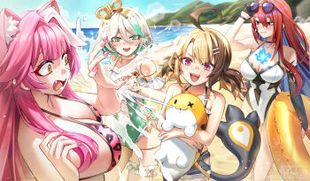 Rule 34 | 4girls, :d, adjusting eyewear, ahoge, alternate costume, animal ears, animal print, beach, bikini, bikini bottom under shorts, bikini under clothes, black gloves, blue fire, blue hair, blue sky, braid, breasts, brown hair, casual one-piece swimsuit, cecilia immergreen, cecilia immergreen (holonatsu paradise), center-flap bangs, closed mouth, colored inner hair, commentary, day, denim, denim shorts, doll, doll joints, double-parted bangs, elizabeth rose bloodflame, english commentary, extra ears, eyewear on head, fang, fire, fire on chest, frilled one-piece swimsuit, frills, gigi murin, gigi murin (holonatsu paradise), gloves, green eyes, green hair, green one-piece swimsuit, grem (gigi murin), grey hair, hair between eyes, hair ornament, hairclip, highres, holojustice, hololive, hololive english, huge ahoge, joints, large breasts, leopard print, leopard print bikini, long hair, multicolored hair, multicolored swimsuit, multiple girls, official alternate costume, one-piece swimsuit, open mouth, orange bikini, panther ears, panther tail, parallel hairclips, pink bikini, pink eyes, pink hair, print bikini, raora panthera, raora panthera (holonatsu paradise), red eyes, red hair, sharp teeth, short hair, short shorts, short twintails, shorts, side braid, sidelocks, single braid, single glove, single sidelock, sky, smile, streaked hair, swimsuit, tail, teeth, twintails, two-tone hair, very long hair, virtual youtuber, wavy mouth, white hair, white one-piece swimsuit, winding key, wszkii, yellow eyes