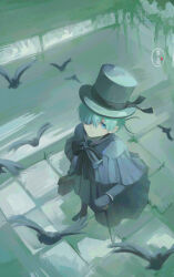 Rule 34 | 1boy, 2226480274, absurdres, bird, black footwear, black gloves, black ribbon, blue capelet, blue eyes, blue hair, blue hat, blue jacket, boots, cane, capelet, ciel phantomhive, eyepatch, gloves, hat, hat ribbon, highres, holding, holding cane, holding suitcase, jacket, kuroshitsuji, looking at viewer, male focus, moss, outdoors, pigeon, ribbon, short hair, solo, stairs, suitcase, top hat, watermark