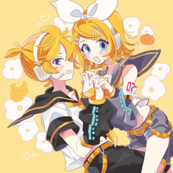 Rule 34 | 1boy, 1girl, banana, belt, black capelet, black sailor collar, black shorts, blonde hair, blue eyes, blush, blush stickers, bow, capelet, colored eyebrows, detached sleeves, flower, food, frilled shirt, frills, fruit, hair bow, hair ornament, hairclip, headset, heart, holding hands, kagamine len, kagamine rin, looking at viewer, midriff, neckerchief, number tattoo, open mouth, parallel hairclips, sailor collar, shirt, short hair, short sleeves, shorts, siblings, spoken heart, strawberry, sweatdrop, tattoo, thighs, vocaloid, waniwaniwa, white bow, yellow background, yellow belt, yellow neckerchief