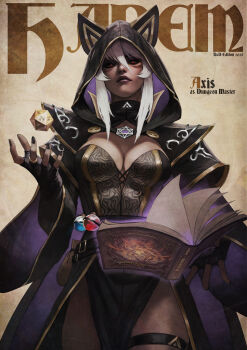 1girl 2025 absurdres animal_ear_hood animal_ears black_nails book breasts commentary d20_(die) dice english_commentary english_text fake_animal_ears fingerless_gloves floating floating_book floating_object gloves hexagram highres hood hood_up icosahedron jewelry magic monori_rogue open_book original polyhedral_dice potion red_eyes ring solo star_of_david white_hair