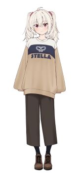 1girl ahoge akizuki_kanna alternate_costume alternate_hair_length alternate_hairstyle animal_print arms_at_sides blush brown_pants brown_shoes butterfly_print cafe_stella_to_shinigami_no_chou casual closed_mouth commentary_request cross-laced_shoes crossed_bangs eyes_visible_through_hair full_body hair_between_eyes hair_ornament hair_scrunchie highres long_hair looking_at_viewer pants pink_eyes pink_scrunchie print_sweater scrunchie shoes simple_background sleeves_past_fingers sleeves_past_wrists smile solo standing sweater tachi-e tft_(tft7822) twintails white_background white_hair