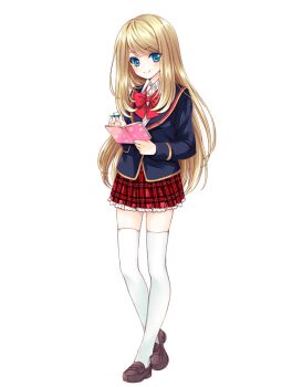 1girl blonde_hair blue_eyes bow bowtie brown_shoes chloe_lemaire full_body girlfriend_(kari) holding holding_notebook holding_pen jacket loafers long_hair looking_at_viewer miniskirt notebook official_art pen plaid_clothes plaid_skirt pleated_skirt qp:flapper red_bow red_bowtie red_skirt school_uniform shirt shoes simple_background skirt smile socks solo standing thighhighs thighs transparent_background white_shirt white_socks white_thighhighs zettai_ryouiki