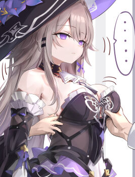 ... 1girl 2boys ascot black_choker black_dress black_hat breasts choker commentary_request detached_sleeves dress expressionless flower grabbing_another's_breast grey_hair groping hat hat_flower herta_(honkai:_star_rail) highres honkai:_star_rail honkai_(series) jewelry key key_necklace long_hair medium_breasts multiple_boys necklace purple_eyes purple_flower solo_focus spoken_ellipsis strapless strapless_dress the_herta_(honkai:_star_rail) tomas_(kaosu22) white_ascot witch_hat