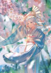 Rule 34 | 1girl, alternate costume, arm up, ayaka (genshin impact), blue eyes, blue kimono, blue sash, blunt bangs, blunt tresses, blurry, cherry blossoms, chinese knot, closed mouth, cowboy shot, dancing, depth of field, falling petals, flower knot, genshin impact, hair ribbon, hand fan, hand up, highres, holding, holding fan, japanese clothes, kimono, long hair, long sleeves, looking ahead, miliya, mole, mole under eye, obi, obiage, obijime, outdoors, paper fan, petals, pink petals, pink ribbon, ponytail, ribbon, sash, smile, solo, tress ribbon, white hair, wide sleeves