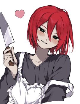 1boy apron black_eyes black_shirt blush commentary frilled_apron frills hair_between_eyes heart highres holding holding_knife inazuma_eleven inazuma_eleven_(series) kiyama_hiroto knife long_sleeves looking_at_viewer male_focus red_hair shirt simple_background solo strap_slip trap upper_body white_background x_inaire_00