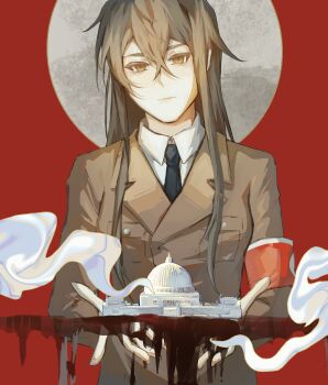 absurdres albert_speer armband belt black_belt black_necktie blonde_hair blood breast_pocket breasts brown_shirt brown_skirt chinese_commentary commentary_request expressionless genderswap genderswap_(mtf) hearts_of_iron highres long_hair long_skirt nazi necktie open_hands pocket red_armband red_background shirt skirt smoke the_new_order:_last_days_of_europe translation_request user_mjrr2442 volkshalle white_shirt yellow_eyes