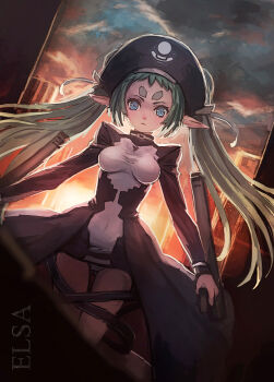 00s 1girl bare_legs breasts bryanth character_name demonbane dutch_angle elf elsa green_hair hat highres looking_at_viewer nitroplus open_clothes open_skirt pillar pirate_hat pointy_ears skirt standing thigh_gap thighs twintails weapon