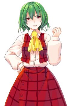 Rule 34 | 1girl, ascot, buttons, clenched hand, collared shirt, commentary request, crote, green hair, hair between eyes, half-closed eyes, hand on own hip, hand up, highres, kazami yuuka, large variant set, long skirt, long sleeves, looking at viewer, open clothes, open vest, parted lips, plaid clothes, plaid skirt, plaid vest, puffy long sleeves, puffy sleeves, red eyes, red skirt, red vest, shirt, shirt tucked in, short hair, skirt, sleeve cuffs, solo, tachi-e, touhou, transparent background, v-shaped eyebrows, variant set, vest, white shirt, yellow ascot