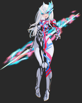 Rule 34 | 1girl, :d, absurdres, armor, asymmetrical bodysuit, asymmetrical horns, black background, black bodysuit, blue bodysuit, blue eyes, blue horns, blush, bodysuit, boots, breasts, color timer, commentary, commentary typo, crossed bangs, dorsal fin, energy spear, energy weapon, fangs, full body, genderswap, genderswap (mtf), gloves, glowing, glowing horns, gradient eyes, hair between eyes, headgear, highres, holding, holding polearm, holding weapon, horns, humanization, knees together feet apart, lips, long hair, looking at viewer, makeup, mascara, medium breasts, multicolored bodysuit, multicolored eyes, open mouth, polearm, red bodysuit, red eyes, shoulder armor, shoulder pads, silver bodysuit, silver boots, silver gloves, simple background, skin tight, smile, solo, standing, teeth, thick eyelashes, tokusatsu, tsurime, two-tone eyes, ultra series, ultraman blazar, ultraman blazar (series), weapon, white hair, wide hips, yi (user jwth4284)