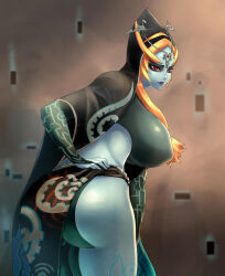 1girl 2015 alternate_breast_size_(larger) arm_tattoo artist_name ass black_cloak black_skin blue_skin breasts bridal_gauntlets circlet cloak collarbone colored_sclera colored_skin commentary covered_erect_nipples cowboy_shot donaught english_commentary female_focus front_ponytail hair_tie head_tilt highres hood hooded_cloak huge_ass huge_breasts large_breasts leaning_forward long_hair looking_at_viewer midna midna_(true) midriff multicolored_skin navel nintendo nude orange_hair outdoors parted_lips purple_lips red_eyes sarong sitting smile solo standing sunset tattoo the_legend_of_zelda the_legend_of_zelda:_twilight_princess tsurime two-tone_skin yellow_sclera