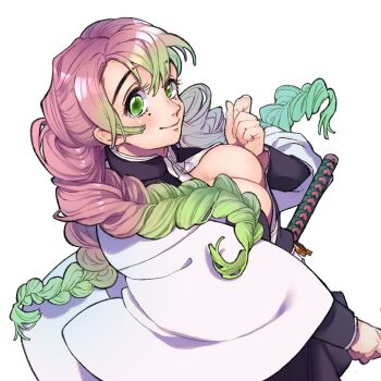 1girl absurdres benkeinazuna breasts cleavage demon_slayer_uniform green_eyes green_hair highres kanroji_mitsuri katana kimetsu_no_yaiba large_breasts long_hair pink_hair sheath sheathed solo sword weapon