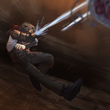 1boy absurdres afterimage alternate_costume arms_up attack battle black-framed_eyewear black-framed_glasses black_pants black_shoes black_suit black_vest blurry blurry_background bow brown_background brown_hair collared_shirt covered_eyes covering_face covering_own_face creature depth_of_field dress_shirt emphasis_lines failure falling fighting formal_clothes from_side full_body gregor_(project_moon) hair_bow hair_intakes hair_ribbon hands_up highres joints knee_up limbus_company liu_association_south_uniform long_hair long_sleeves low_ponytail male_focus mechanical_arms motion_blur motion_lines necktie official_alternate_costume pants parted_bangs photoshop_(medium) ponytail project_moon prosthesis prosthetic_arm red_bow red_necktie red_ribbon red_strap ribbon sash shirt shoes simple_background single_mechanical_arm solo_focus speed_lines strap suit throwing vest weapon white_shirt