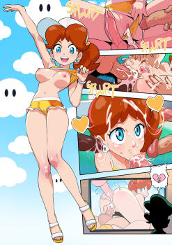 1girl anal blue_eyes brown_hair bukkake cheating_(relationship) clothing_aside cum cum_in_ass cum_in_mouth cum_in_pussy fellatio flashing gangbang group_sex luigi mario_(series) multiple_boys nintendo oral ponytail princess_daisy sandals sex short_shorts shorts spread_pussy tekuho_no_habo watching_television