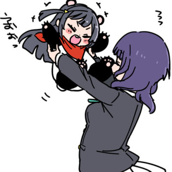 Rule 34 | 2girls, :d, aged down, animal costume, animal ears, asaka karin, black hair, black jacket, carrying, carrying person, closed eyes, commentary request, fake animal ears, green ribbon, hair ornament, jacket, long hair, love live!, love live! nijigasaki high school idol club, medium hair, multiple girls, neck ribbon, neckerchief, nijigasaki school uniform, one side up, open mouth, panda costume, panda ears, pleated skirt, purple hair, red neckerchief, ribbon, round teeth, school uniform, shinanoya (satanicad), simple background, skirt, smile, teeth, triangle hair ornament, upper teeth only, v-shaped eyebrows, white background, white skirt, winter uniform, yuki setsuna